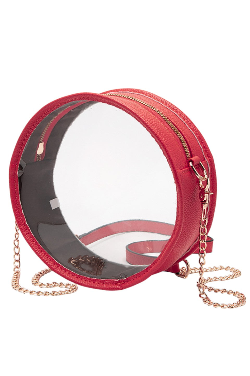 Red Solid Color Trim Clear Round Crossbody Bag combines modern transparency with a sleek, solid-colored trim, making it a stylish and versatile accessory. Its round shape offers a unique silhouette, while the clear design allows easy visibility of contents, enhancing convenience and security. Perfect for those seeking a fashionable yet functional bag for everyday use or special events. 