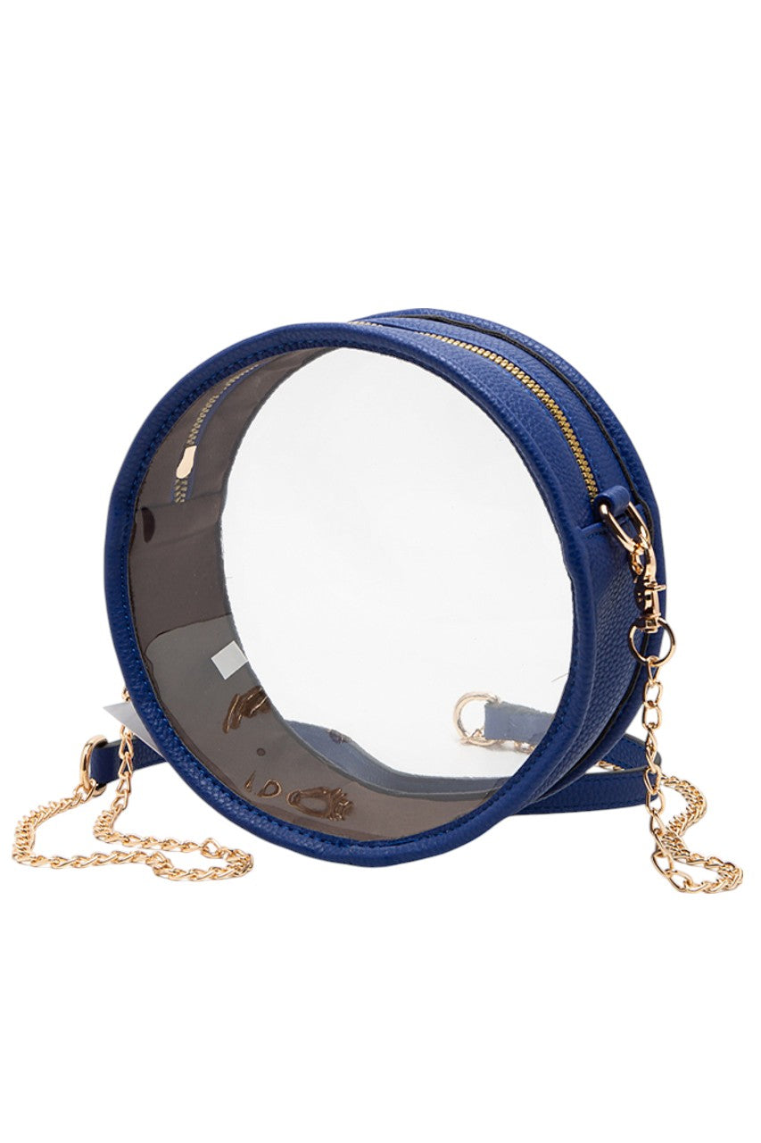 Royal Blue Solid Color Trim Clear Round Crossbody Bag combines modern transparency with a sleek, solid-colored trim, making it a stylish and versatile accessory. Its round shape offers a unique silhouette, while the clear design allows easy visibility of contents, enhancing convenience and security. Perfect for those seeking a fashionable yet functional bag for everyday use or special events. 