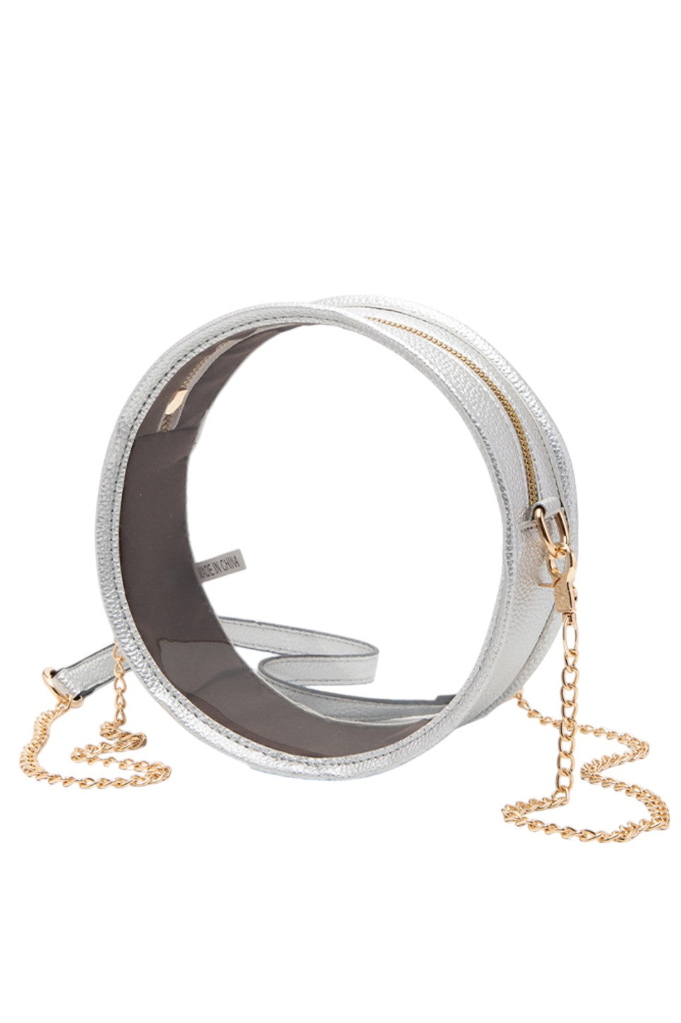 Silver Solid Color Trim Clear Round Crossbody Bag combines modern transparency with a sleek, solid-colored trim, making it a stylish and versatile accessory. Its round shape offers a unique silhouette, while the clear design allows easy visibility of contents, enhancing convenience and security. Perfect for those seeking a fashionable yet functional bag for everyday use or special events. 