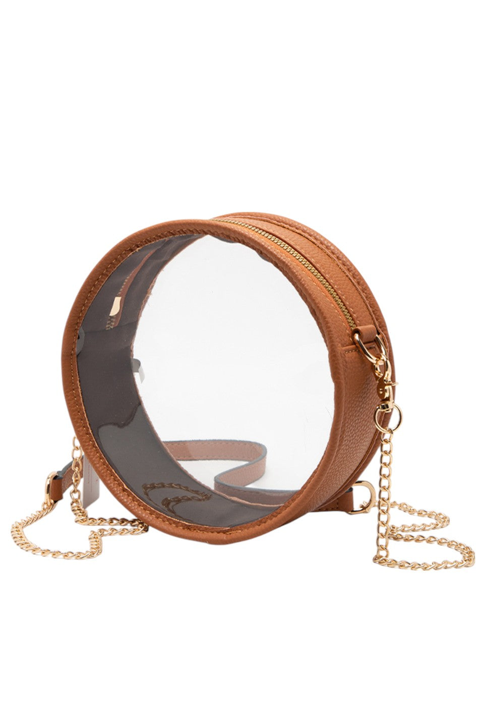 Tan Solid Color Trim Clear Round Crossbody Bag combines modern transparency with a sleek, solid-colored trim, making it a stylish and versatile accessory. Its round shape offers a unique silhouette, while the clear design allows easy visibility of contents, enhancing convenience and security. Perfect for those seeking a fashionable yet functional bag for everyday use or special events. 