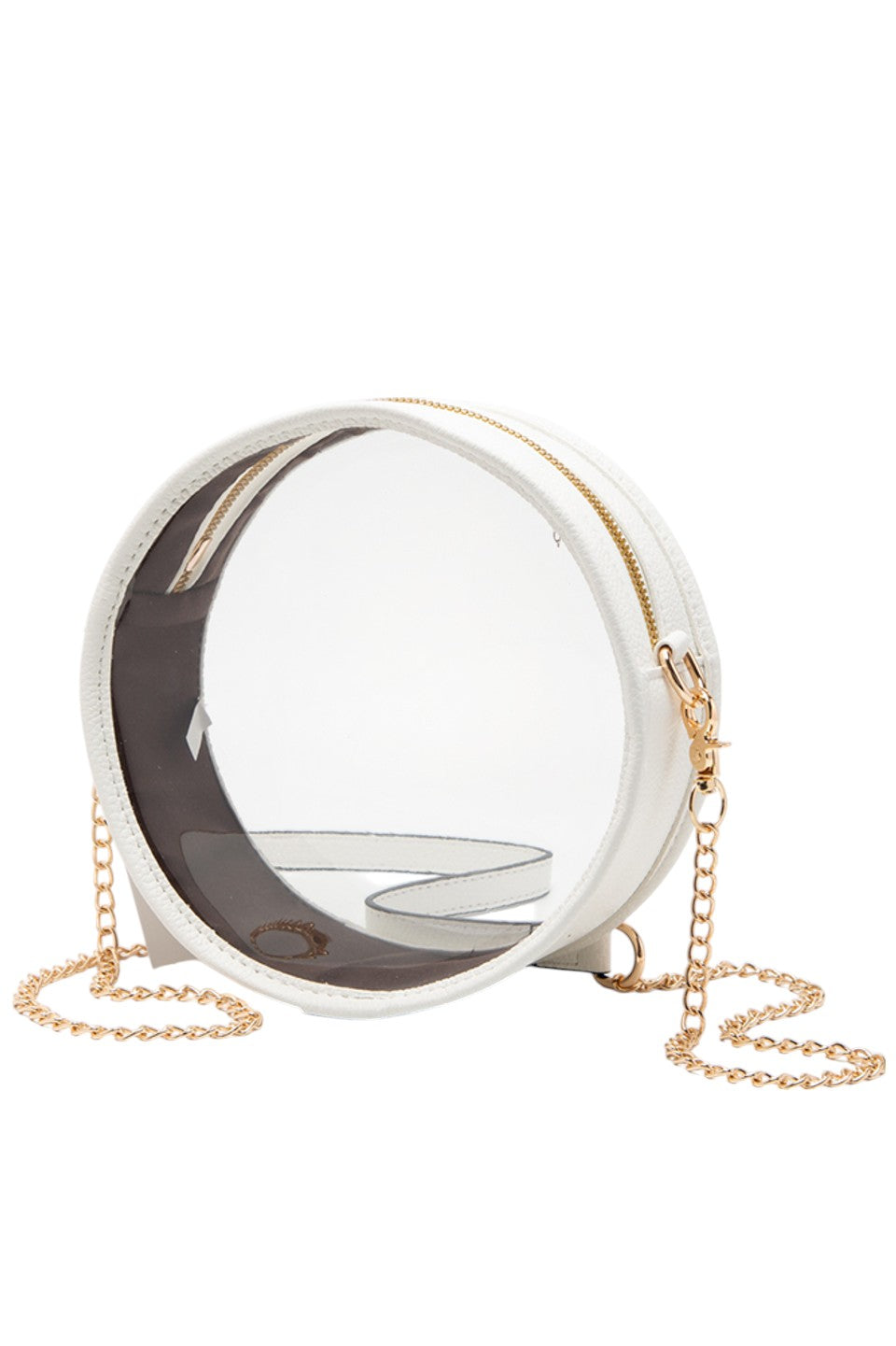 White Solid Color Trim Clear Round Crossbody Bag combines modern transparency with a sleek, solid-colored trim, making it a stylish and versatile accessory. Its round shape offers a unique silhouette, while the clear design allows easy visibility of contents, enhancing convenience and security. Perfect for those seeking a fashionable yet functional bag for everyday use or special events. 