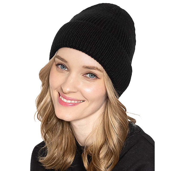 Black Acrylic Solid Ribbed Cuff Beanie Hat, Before running out the door into the cool air, you’ll want to reach for these toasty beanie to keep your hands warm. Accessorize the fun way with these beanie, it's the autumnal touch you need to finish your outfit in style. Awesome winter gift accessory!