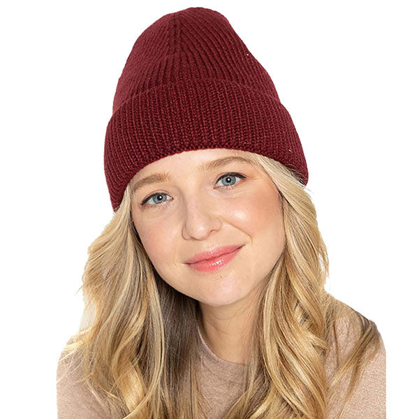 Burgundy  Acrylic Solid Ribbed Cuff Beanie Hat, Before running out the door into the cool air, you’ll want to reach for these toasty beanie to keep your hands warm. Accessorize the fun way with these beanie, it's the autumnal touch you need to finish your outfit in style. Awesome winter gift accessory!