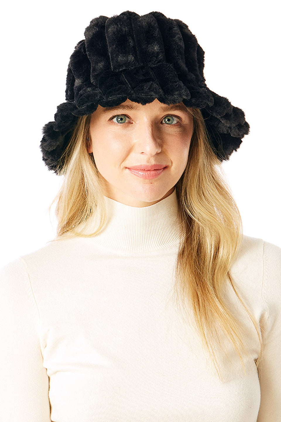 Black SOLID SOFT FAUX FUR BUCKET HAT is designed to keep you warm and stylish. Crafted from ultra-soft faux fur, it offers a plush feel and a trendy silhouette. The classic bucket shape ensures a comfortable fit while adding texture to your outfit. A go-to choice for chilly weather, it blends fashion and function effortlessly. 