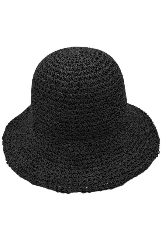 Black Solid Straw Bucket Hat offers superior sun protection while maintaining breathability. The solid construction ensures durability for extended wear, while the classic bucket silhouette provides versatile styling options. Designed with a structured brim that maintains its shape, this hat is an essential accessory for warm-weather activities and outdoor adventures. 
