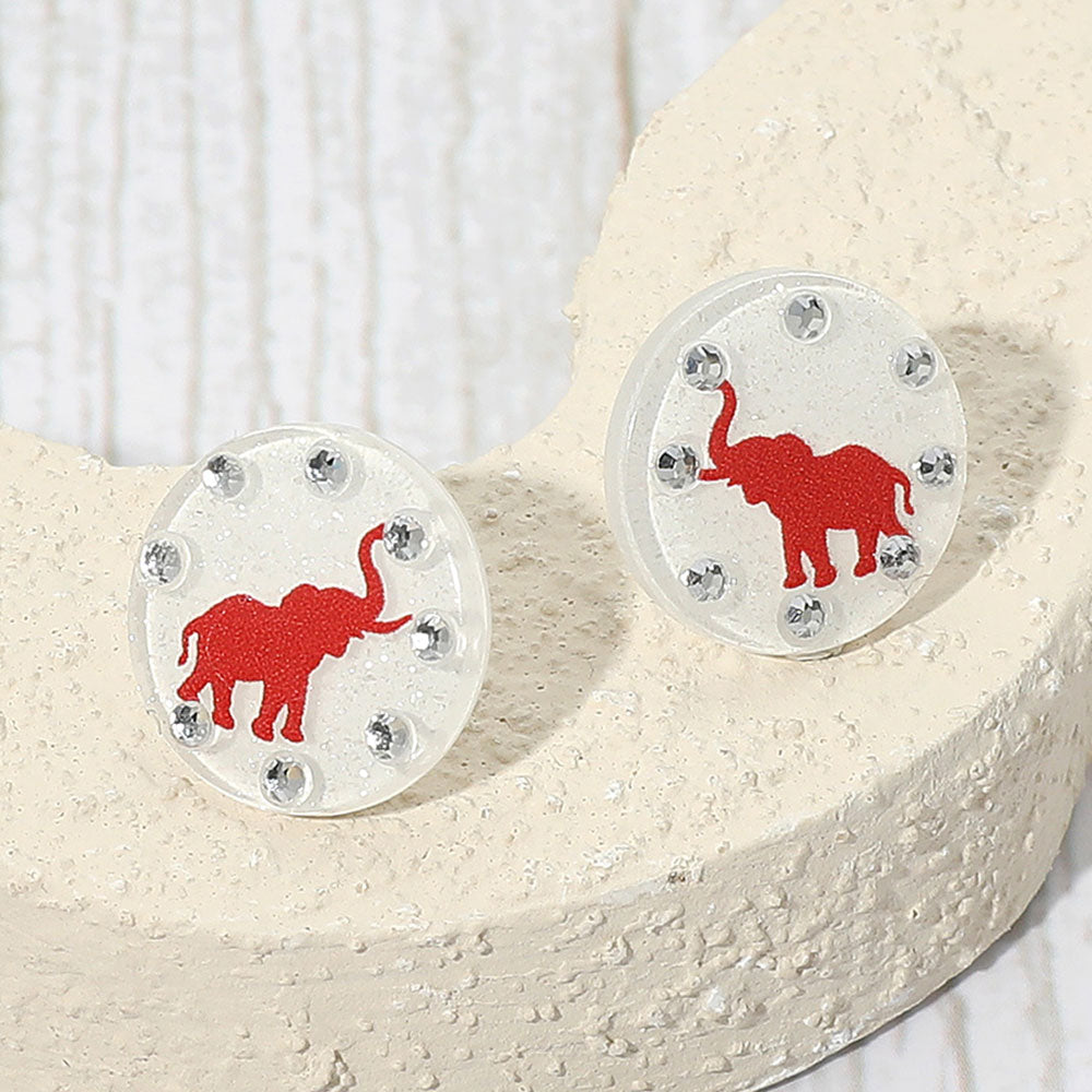 White Sparkle Accent Game Day Elephant Disc Stud Earrings