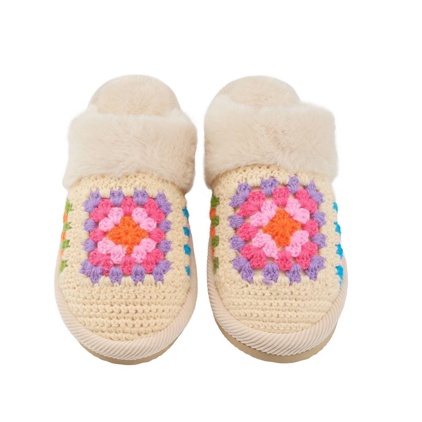 C.C Multi Color Crochet Slippers With The Faux Fur Cuff