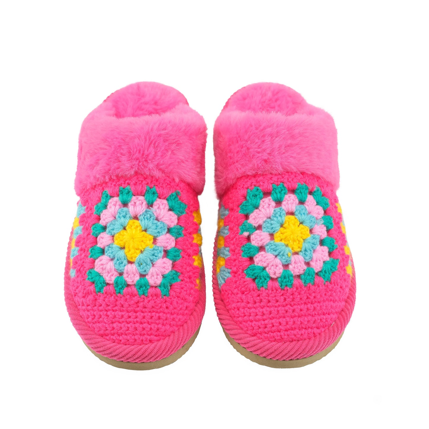 C.C Multi Color Crochet Slippers With The Faux Fur Cuff