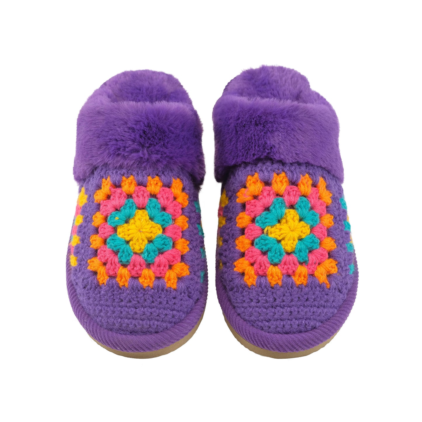 C.C Multi Color Crochet Slippers With The Faux Fur Cuff