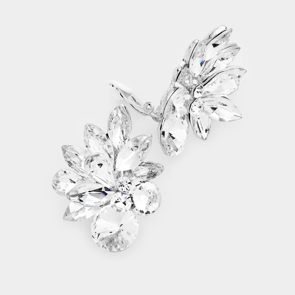 Clear, Silver Spike Leaf Clip-On Earrings