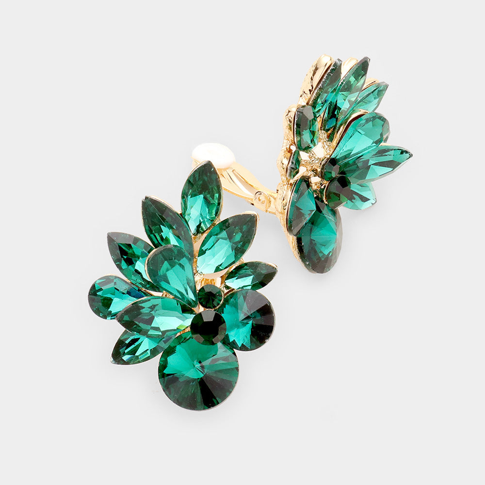 Gold, Green Spike Leaf Clip-On Earrings