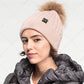 C.C Solid Color Ribbed Hat With Real Raccoon Fur Pom