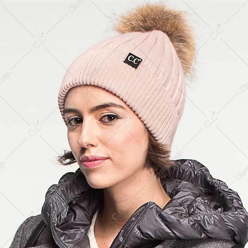 C.C Solid Color Ribbed Hat With Real Raccoon Fur Pom