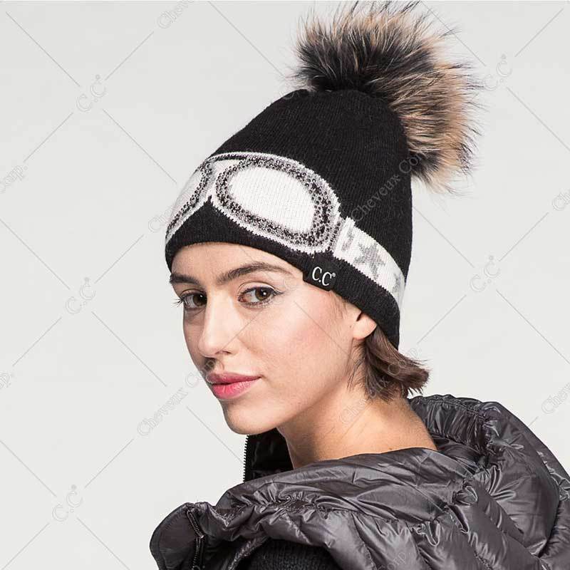 C.C Goggles Pattern Rhinestones Beanie With Real Fur Pom