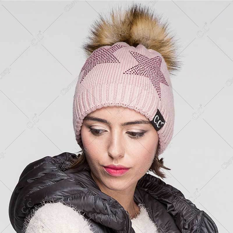 C.C Real Fur Pom With Rhinestones Hat