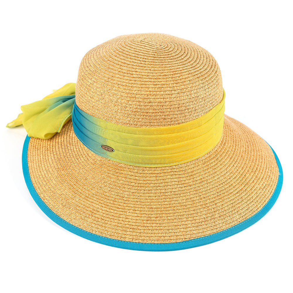 C.C Natural Paper Brim Hat With **Ombre Color Chiffon Sash Bow Sun Hat 88% Paper 12% Polyester