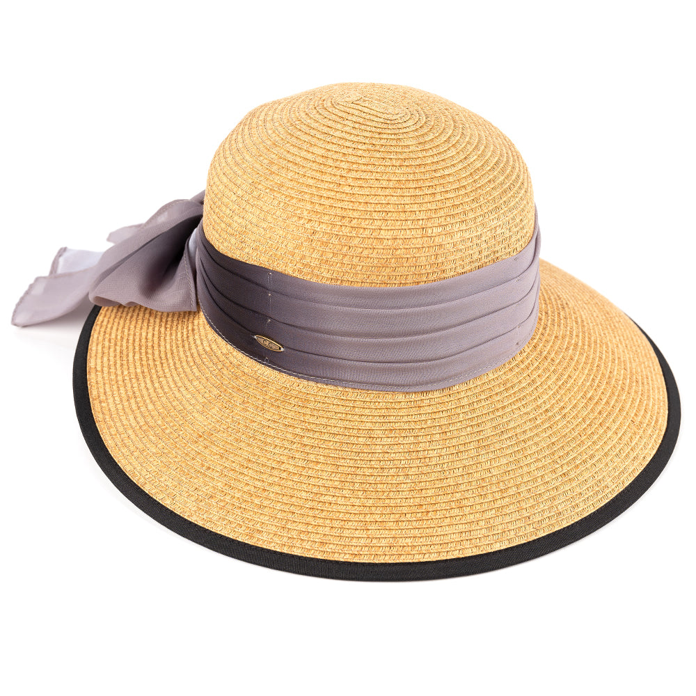C.C Natural Paper Brim Hat With **Ombre Color Chiffon Sash Bow Sun Hat 88% Paper 12% Polyester