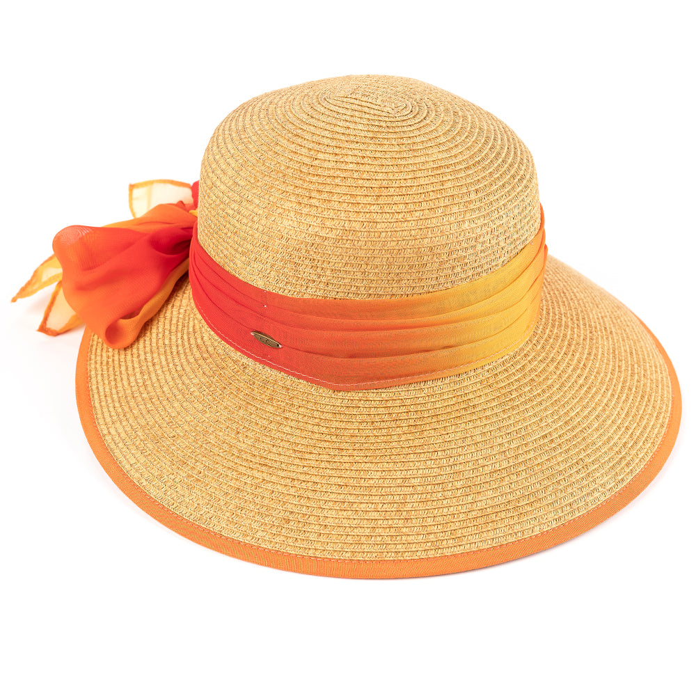 C.C Natural Paper Brim Hat With **Ombre Color Chiffon Sash Bow Sun Hat 88% Paper 12% Polyester