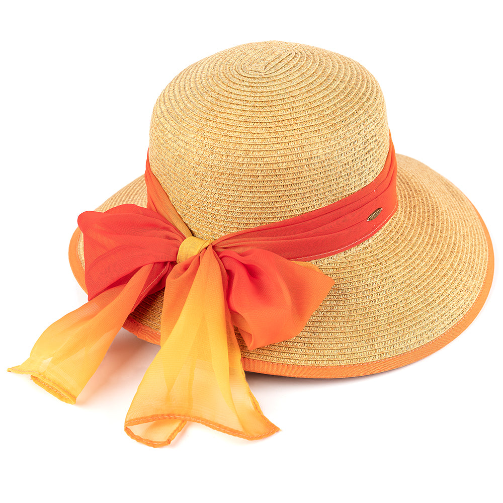 C.C Natural Paper Brim Hat With **Ombre Color Chiffon Sash Bow Sun Hat 88% Paper 12% Polyester