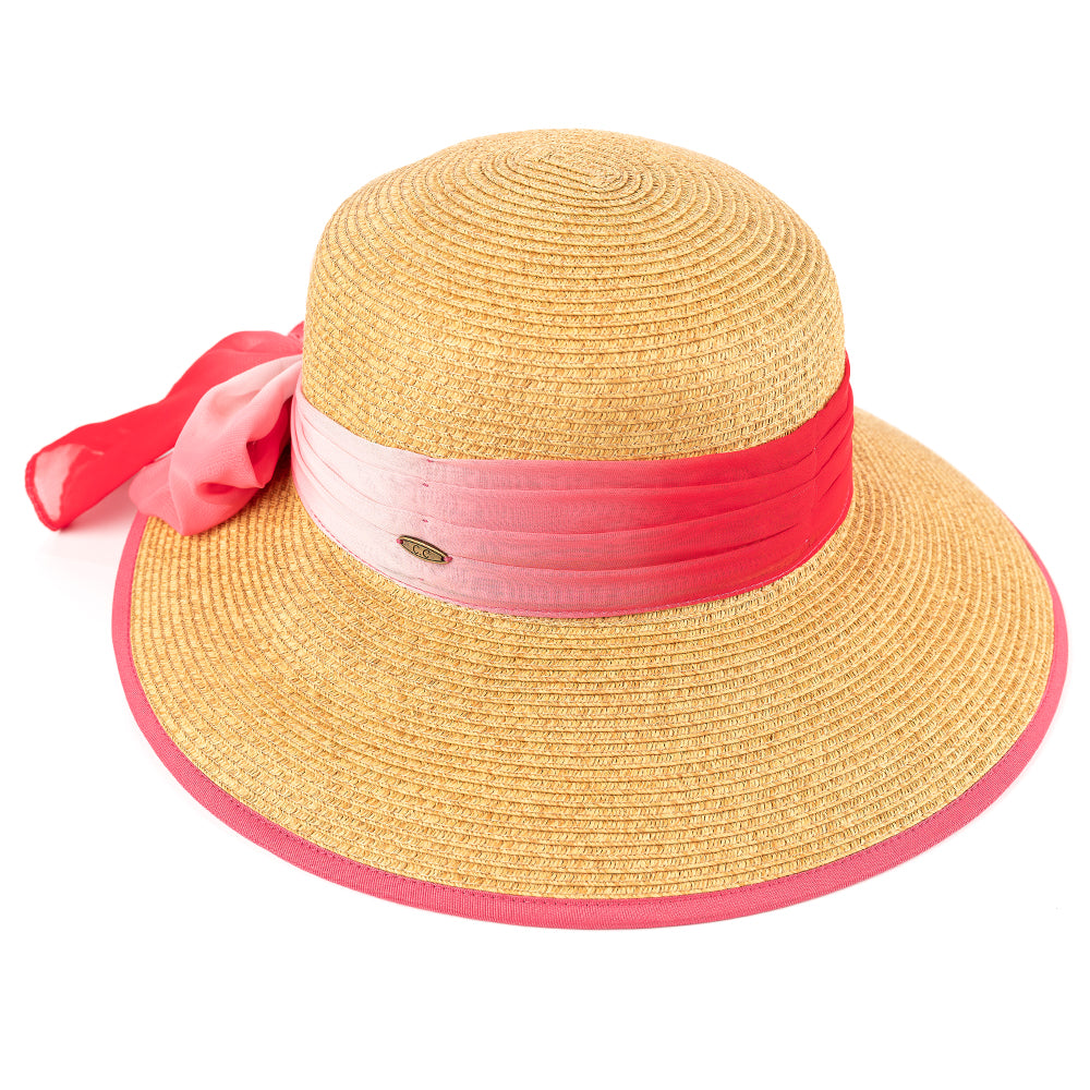 C.C Natural Paper Brim Hat With **Ombre Color Chiffon Sash Bow Sun Hat 88% Paper 12% Polyester