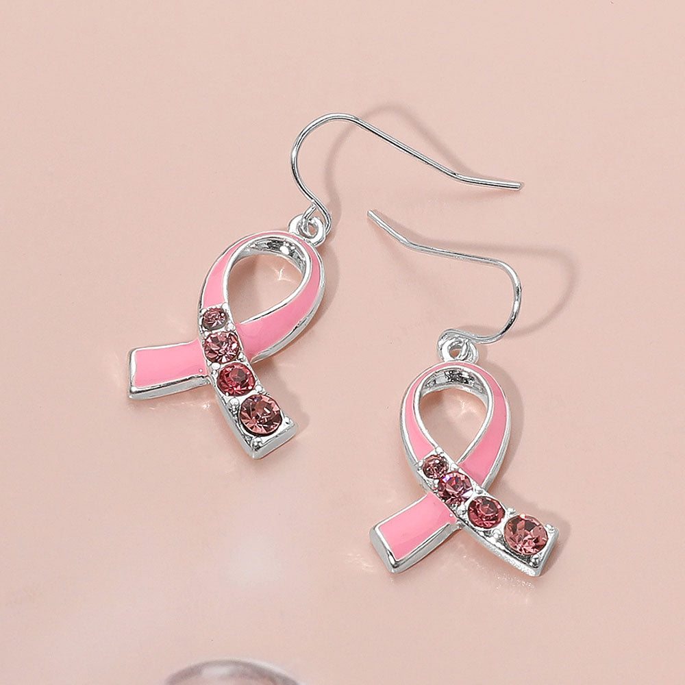 Antique Silver, Pink Stone Accent Enamel Pink Ribbon Dangle Earrings