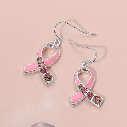 Antique Silver, Pink Stone Accent Enamel Pink Ribbon Dangle Earrings