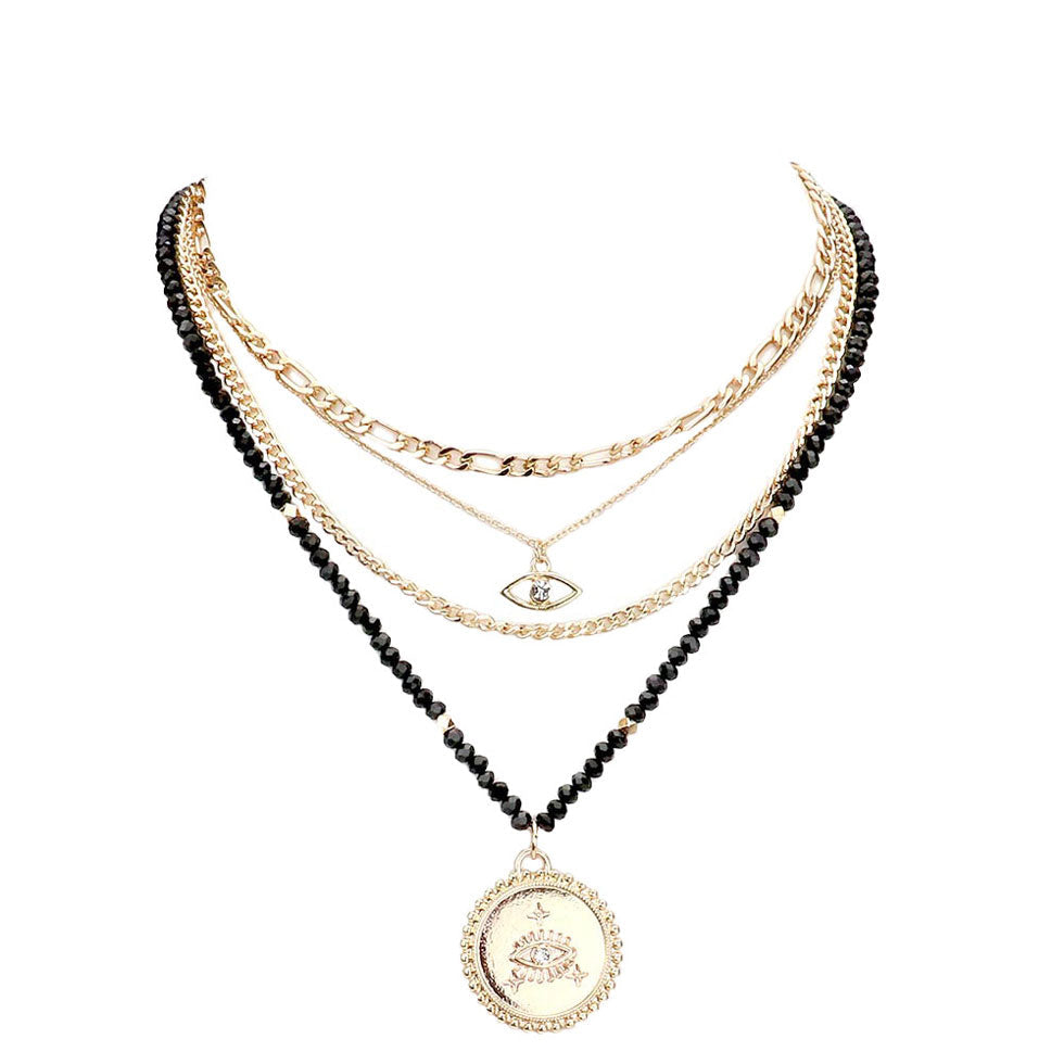 Black Stone Embellished Evil Eye Pendant Multi Layered Bib Necklace. Beautifully crafted design adds a gorgeous glow to any outfit. Jewelry that fits your lifestyle! Perfect Birthday Gift, Anniversary Gift, Mother's Day Gift, Anniversary Gift, Graduation Gift, Prom Jewelry, Just Because Gift, Thank you Gift.