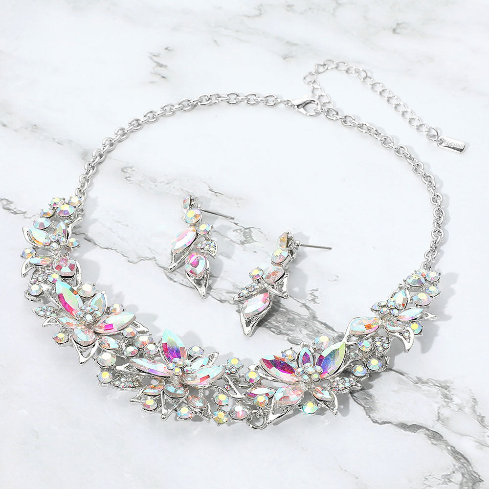 AB, Silver Stone Embellished Flower Collar Evening Necklace