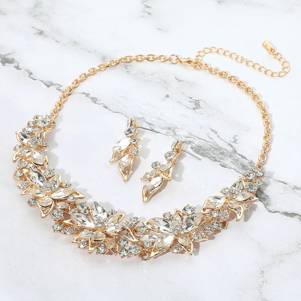 Clear, Gold Stone Embellished Flower Collar Evening Necklace