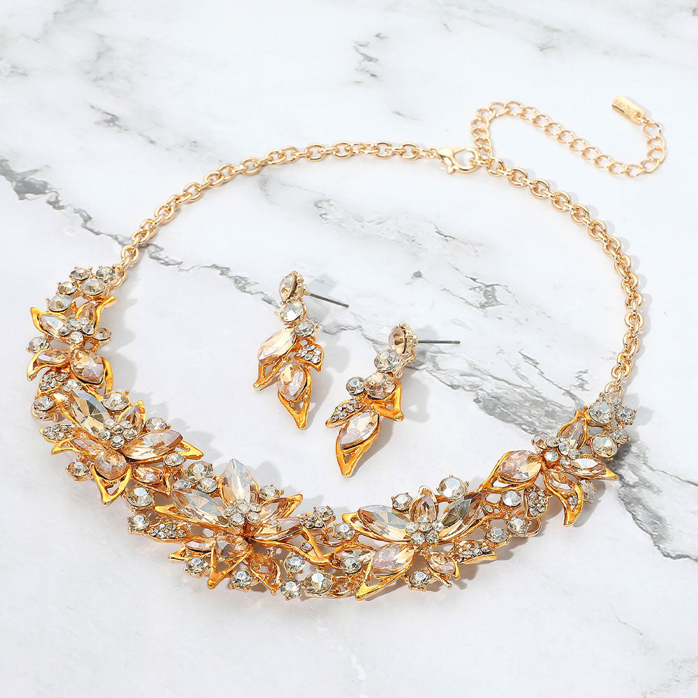 Gold, Lt Col Topaz Stone Embellished Flower Collar Evening Necklace