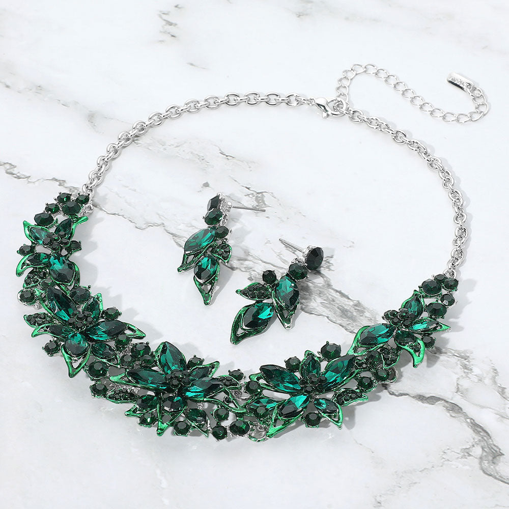 Green, Silver Stone Embellished Flower Collar Evening Necklace