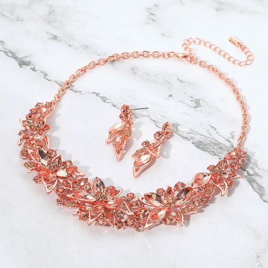 Peach, Rose Gold Stone Embellished Flower Collar Evening Necklace