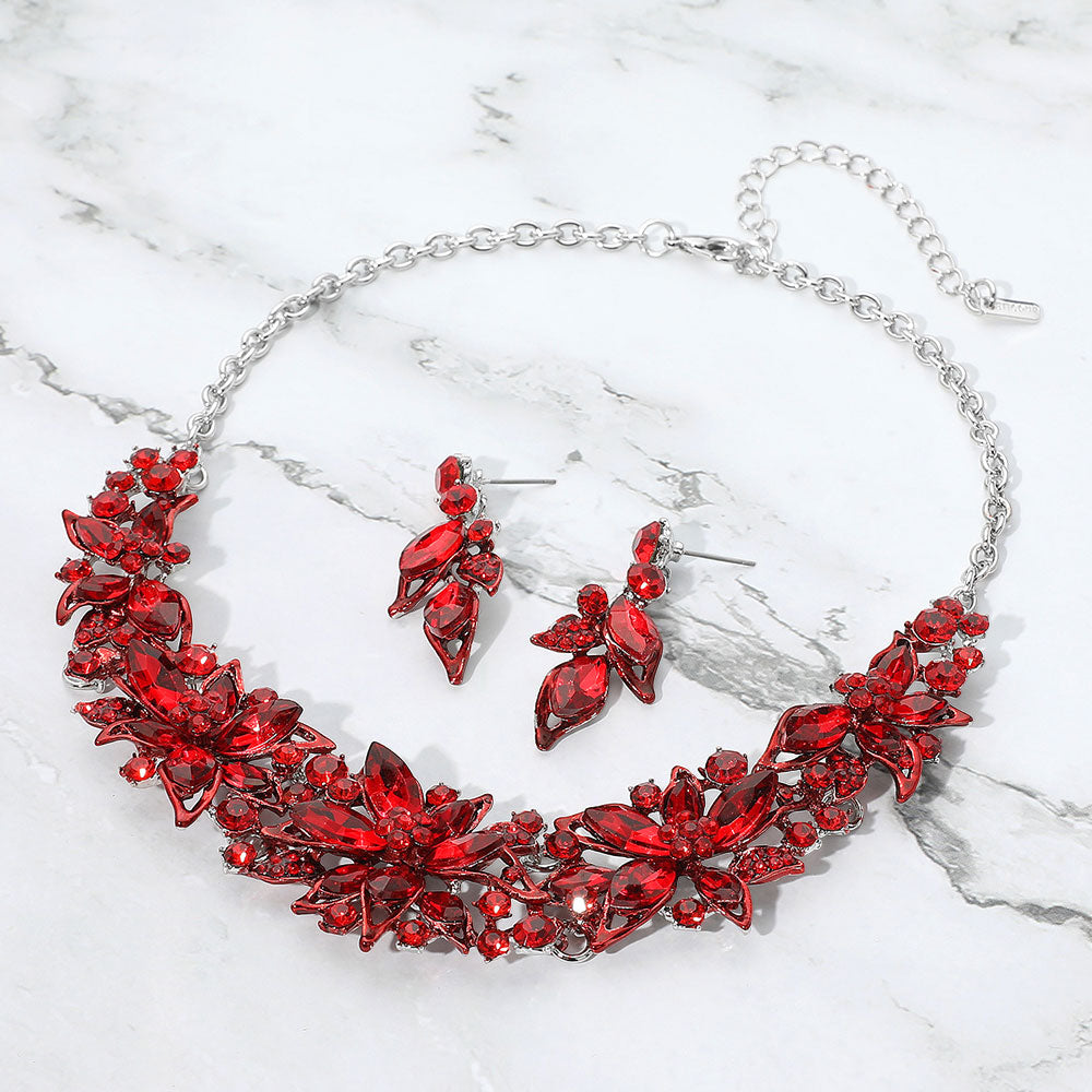 Red, Silver Stone Embellished Flower Collar Evening Necklace