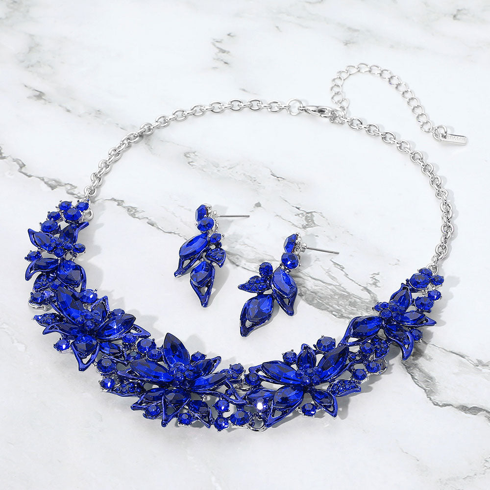 Sapphire, Silver Stone Embellished Flower Collar Evening Necklace