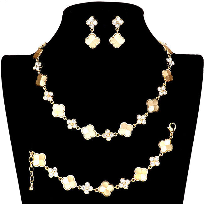Gold  Stone Embellished Quatrefoil Link Necklace Jewelry Set, Beautifully crafted design adds a gorgeous glow to any outfit. Get ready Necklace with a bright Bracelet. Perfect for adding just the right amount of shimmer & shine and a touch of class to special events. Perfect Birthday Gift, Anniversary Gift, etc.
