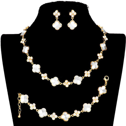 Two Tone Stone Embellished Quatrefoil Link Necklace Jewelry Set, Beautifully crafted design adds a gorgeous glow to any outfit. Get ready Necklace with a bright Bracelet. Perfect for adding just the right amount of shimmer & shine and a touch of class to special events. Perfect Birthday Gift, Anniversary Gift, etc.