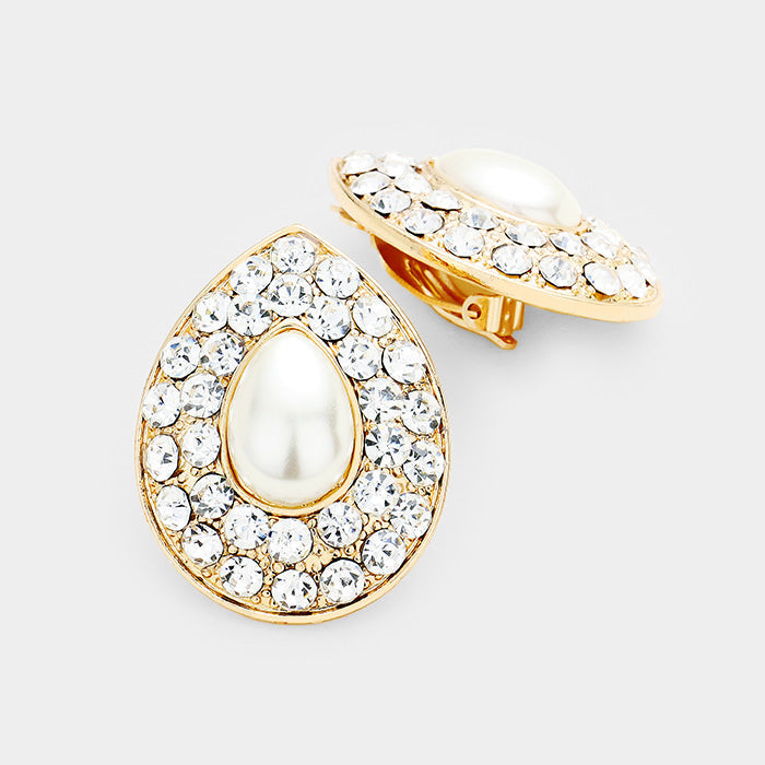 Clear, Cream, Gold Stone Pave Teardrop Pearl Centered Clip on Earrings