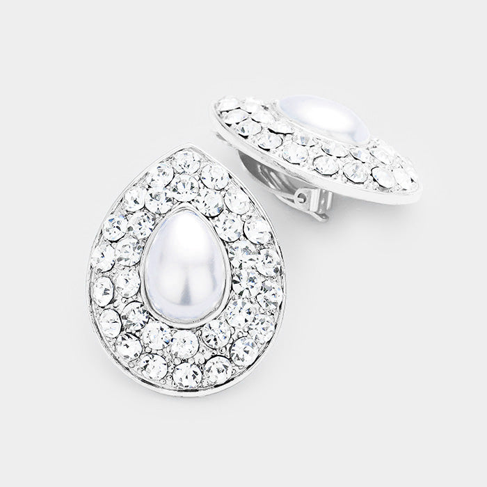 Clear, Rhodium, White Stone Pave Teardrop Pearl Centered Clip on Earrings