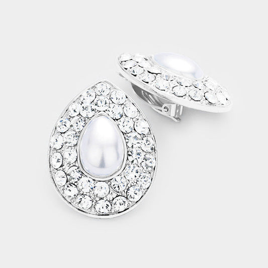 Clear, Rhodium, White Stone Pave Teardrop Pearl Centered Clip on Earrings