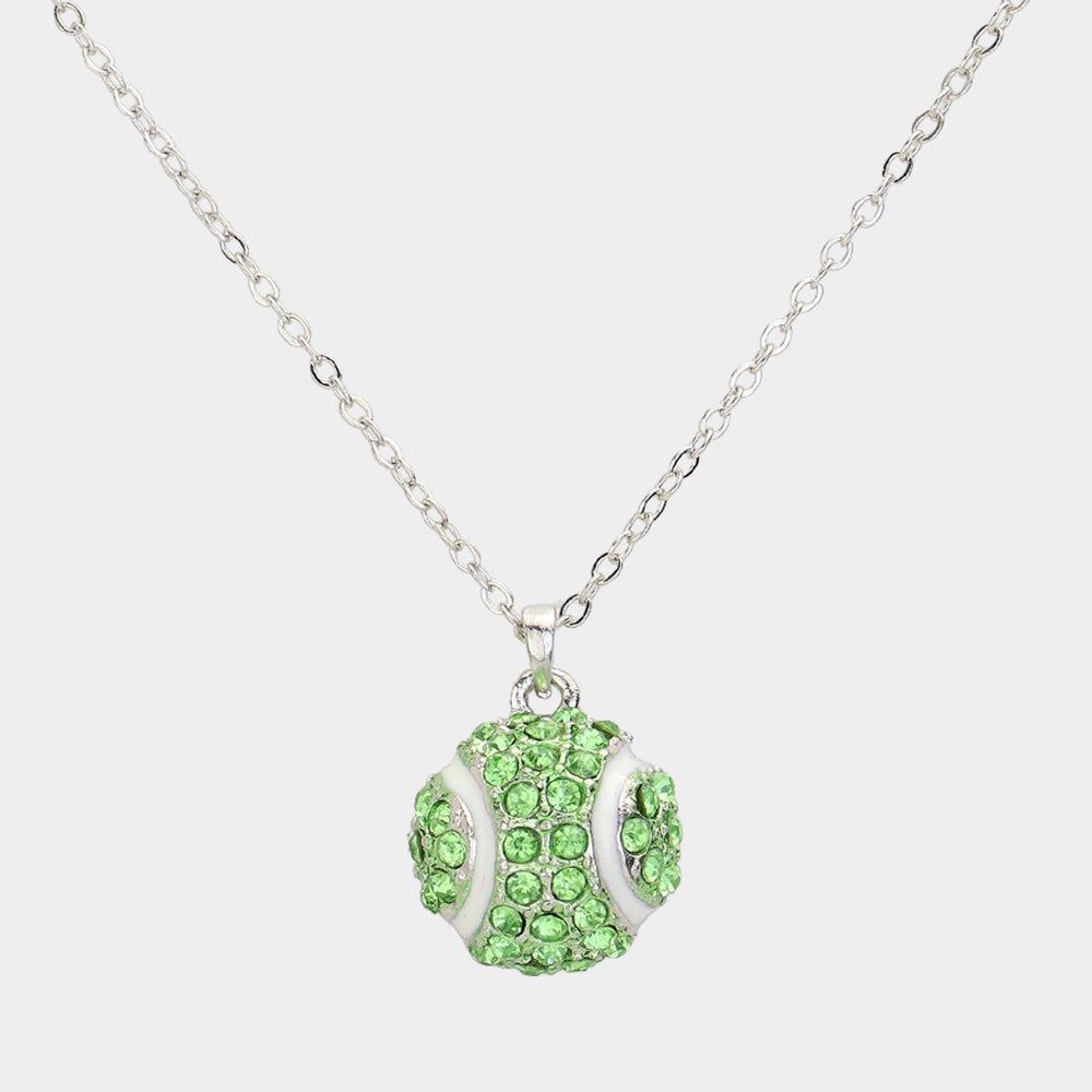 Peridot, Rhodium Stone Paved Baseball Pendant Necklace