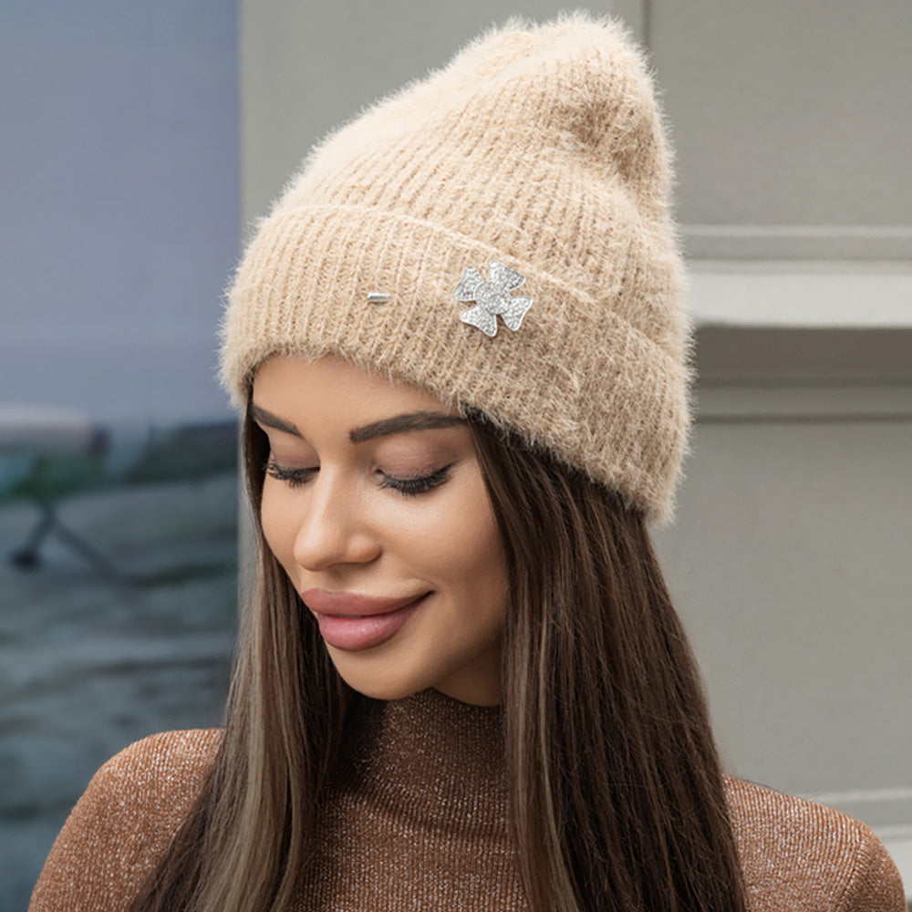 Khaki Stone Paved Clover Lapel Pin Brooch Accented Fuzzy Beanie Hat