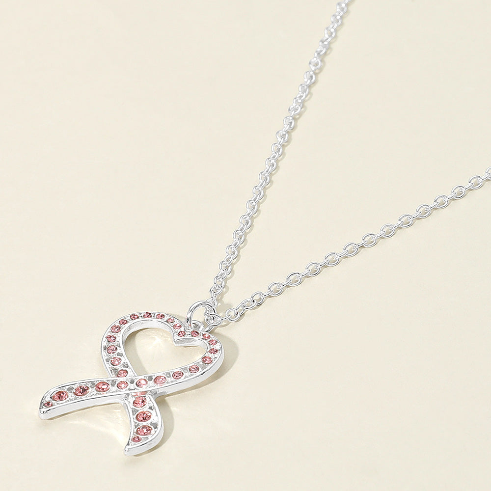 Pink, Silver Stone Paved Heart Pink Ribbon Pendant Necklace