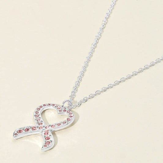 Pink, Silver Stone Paved Heart Pink Ribbon Pendant Necklace