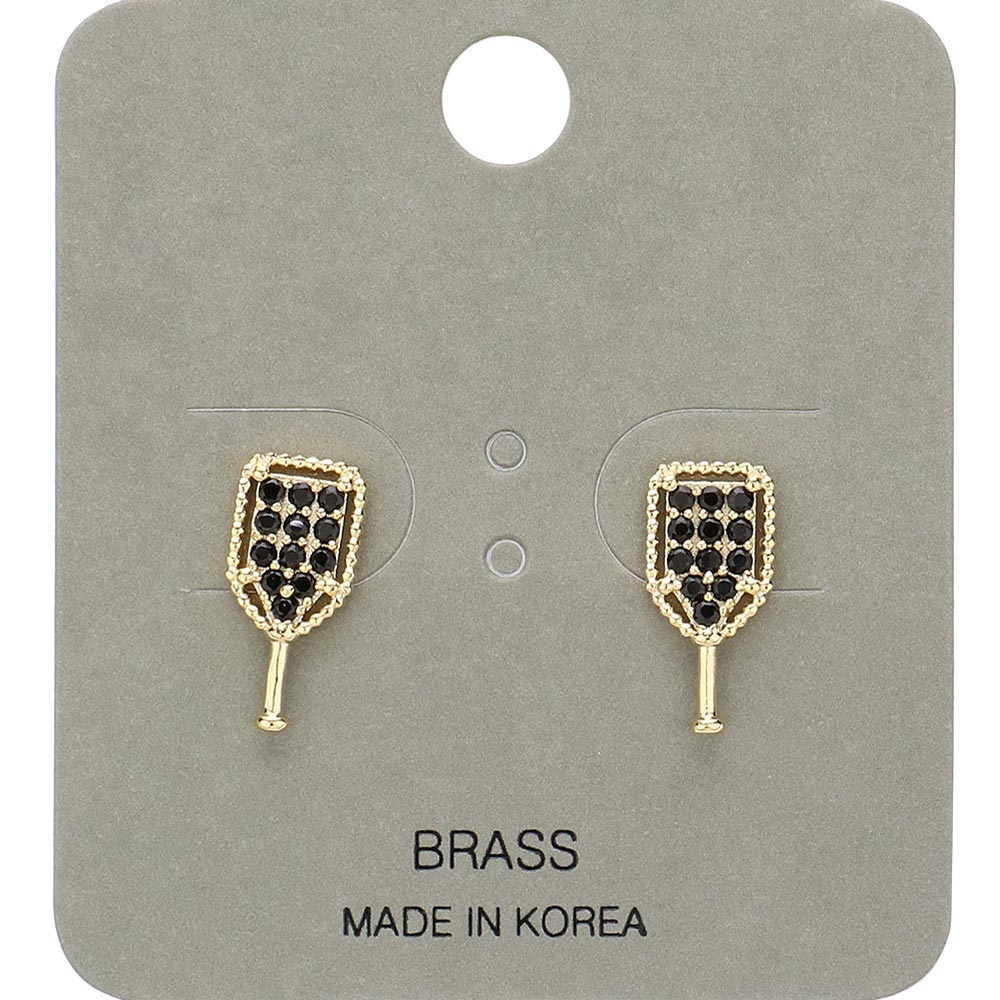 Black, Gold Stone Paved Pickleball Paddle Stud Earrings