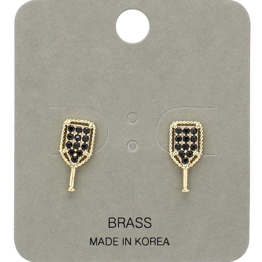 Black, Gold Stone Paved Pickleball Paddle Stud Earrings