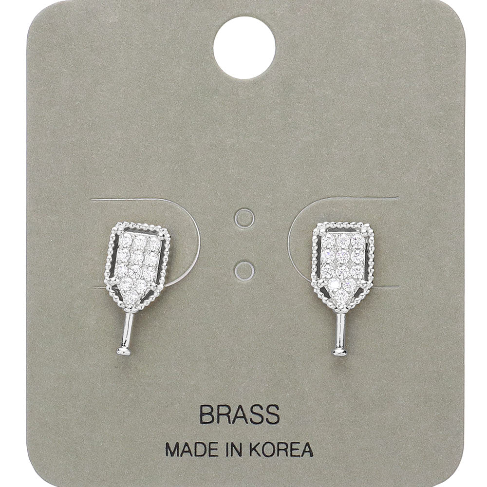 Clear, Rhodium Stone Paved Pickleball Paddle Stud Earrings