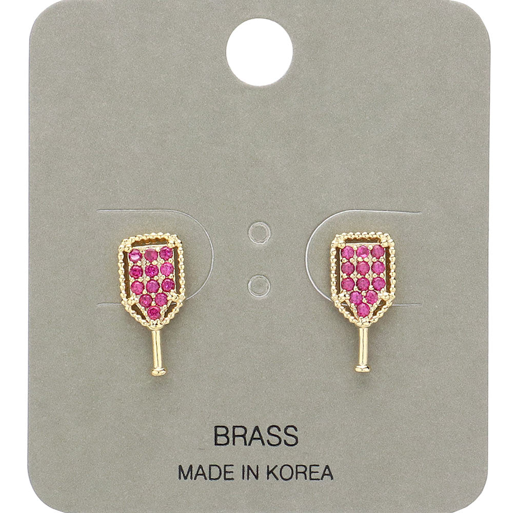 Fuchsia, Gold Stone Paved Pickleball Paddle Stud Earrings