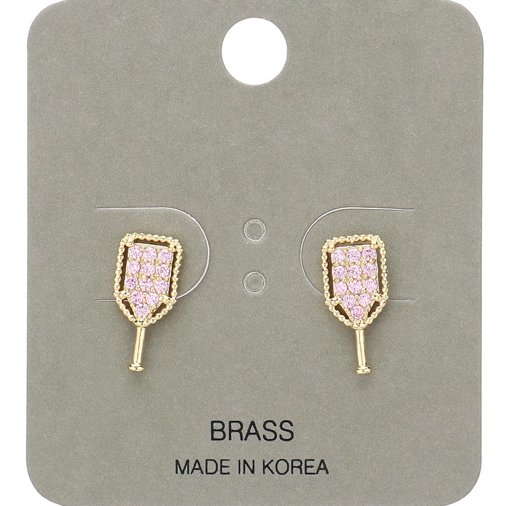 Gold, Pink Stone Paved Pickleball Paddle Stud Earrings