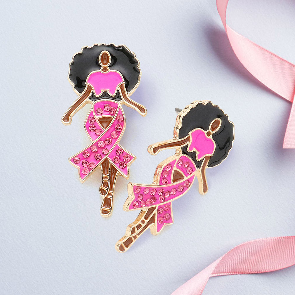 Gold, Pink Stone Paved Pink Ribbon Enamel   Afro Woman Earrings