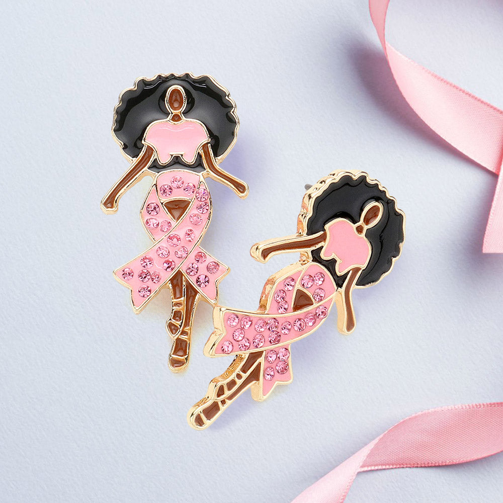 Gold, Light, Pink Stone Paved Pink Ribbon Enamel   Afro Woman Earrings